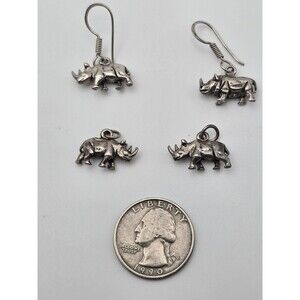 Sterling Silver Rhino Earring & Charm Set – 4pc Safari Animal Jewelry – Vintage